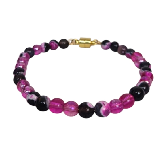 Hand Crafted Jewelry - Pink Black Magenta Lace Agate Glass Beaded Magnetic Bracelet